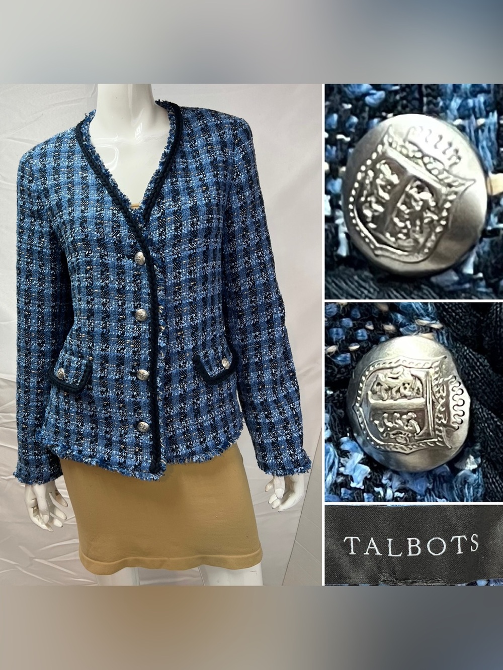 Talbots Women’s 12 Blue Tweed Woven Silver Button Blazer Jacket